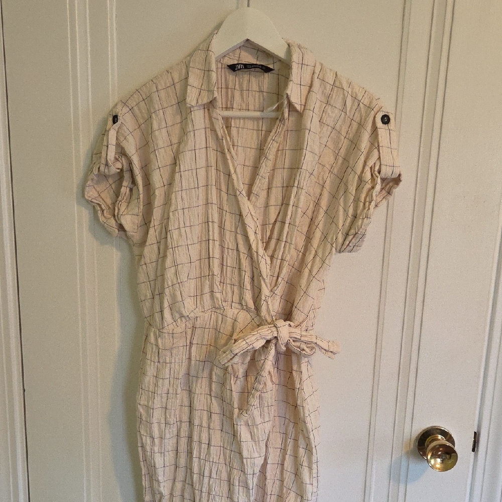 Zara Beige Checkered Wrap Dress